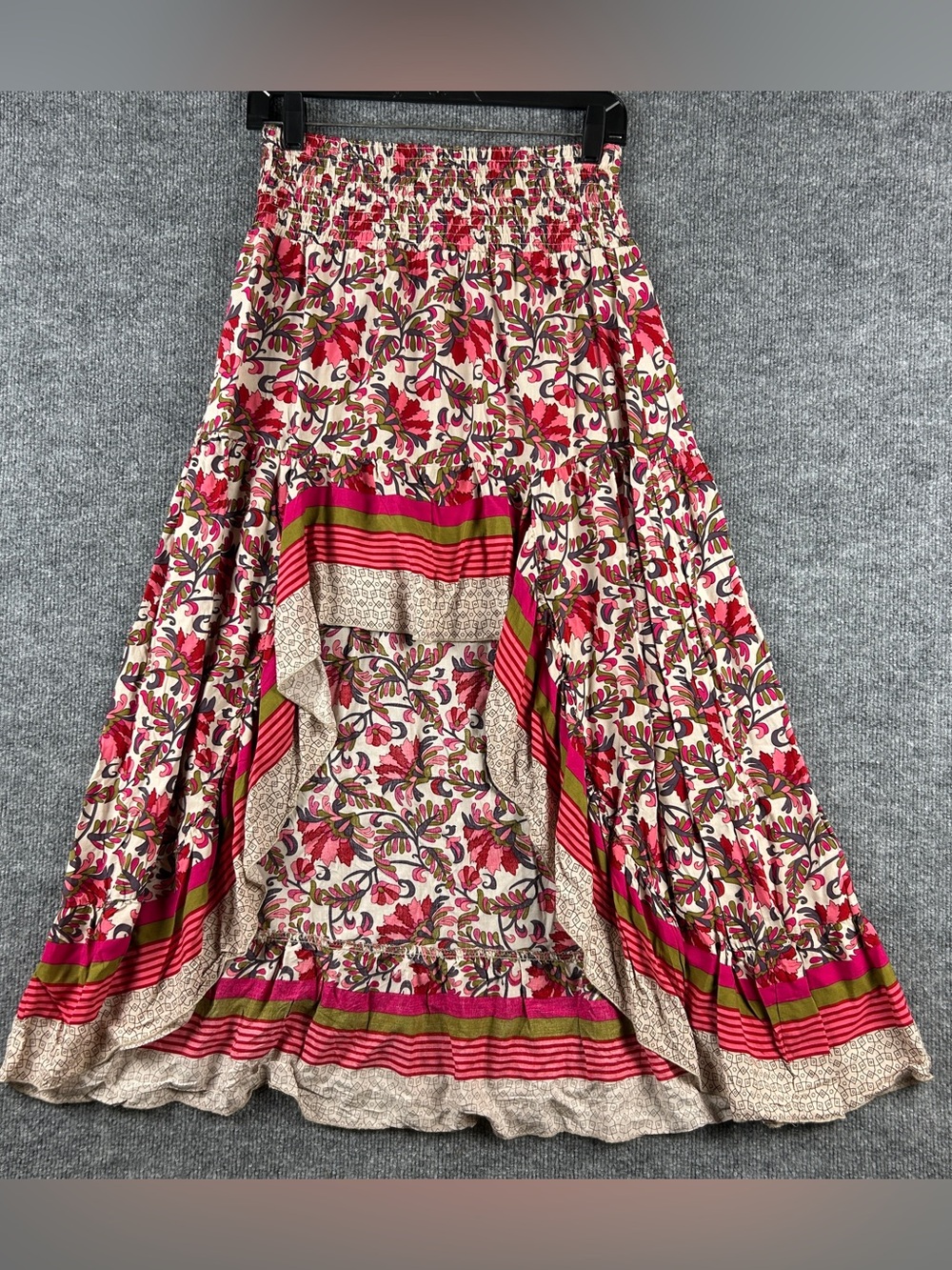 BTFBM Pink Floral Smocked Waist Tiered High Low Maxi Skirt Size Small S Boho